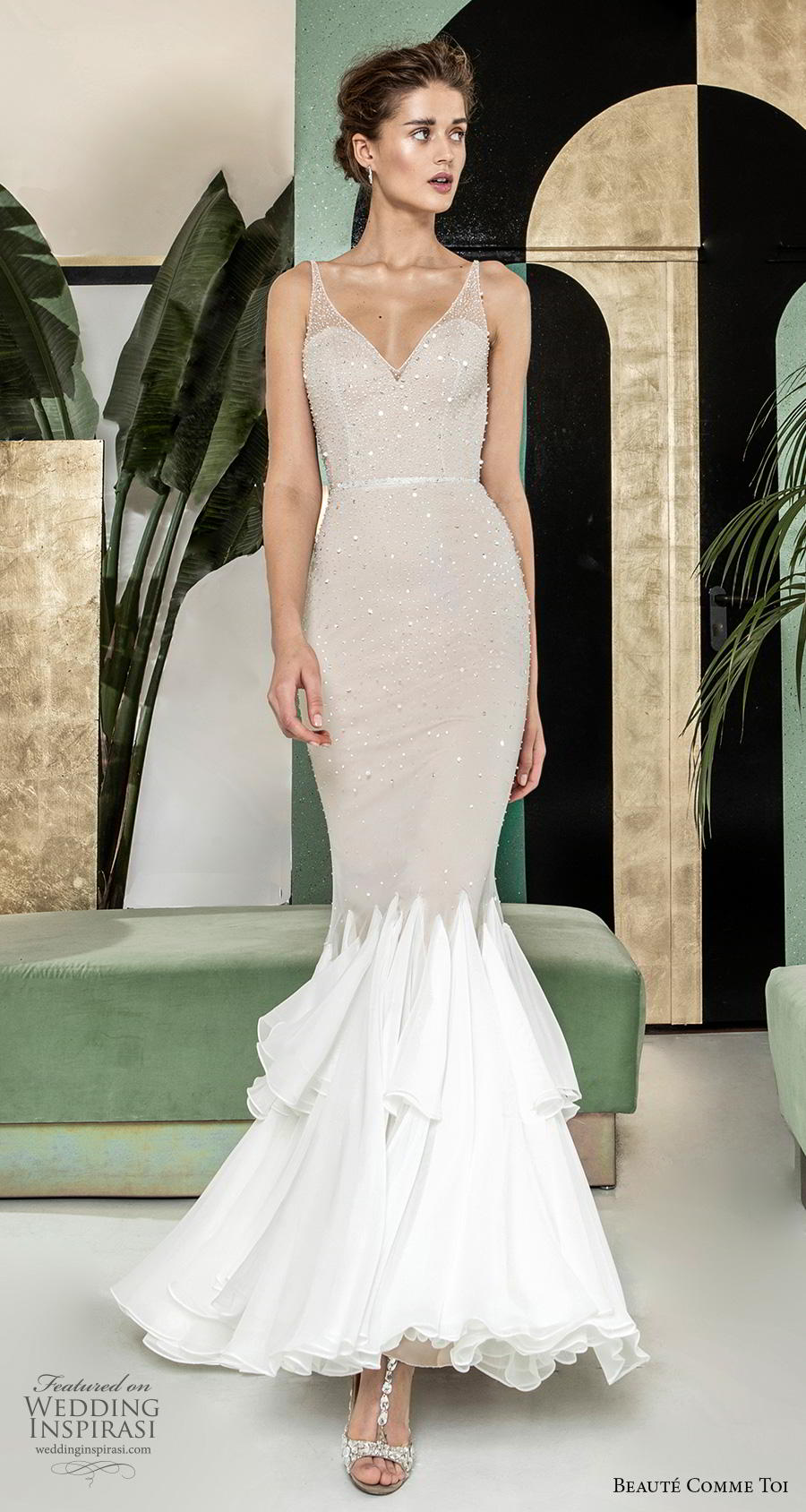 beaute comme toi 2019 bridal sleeveless with strap illusion v sweetheart neckline heavily embellished bodice glitter elegant mermaid wedding dress (mirianna) mv