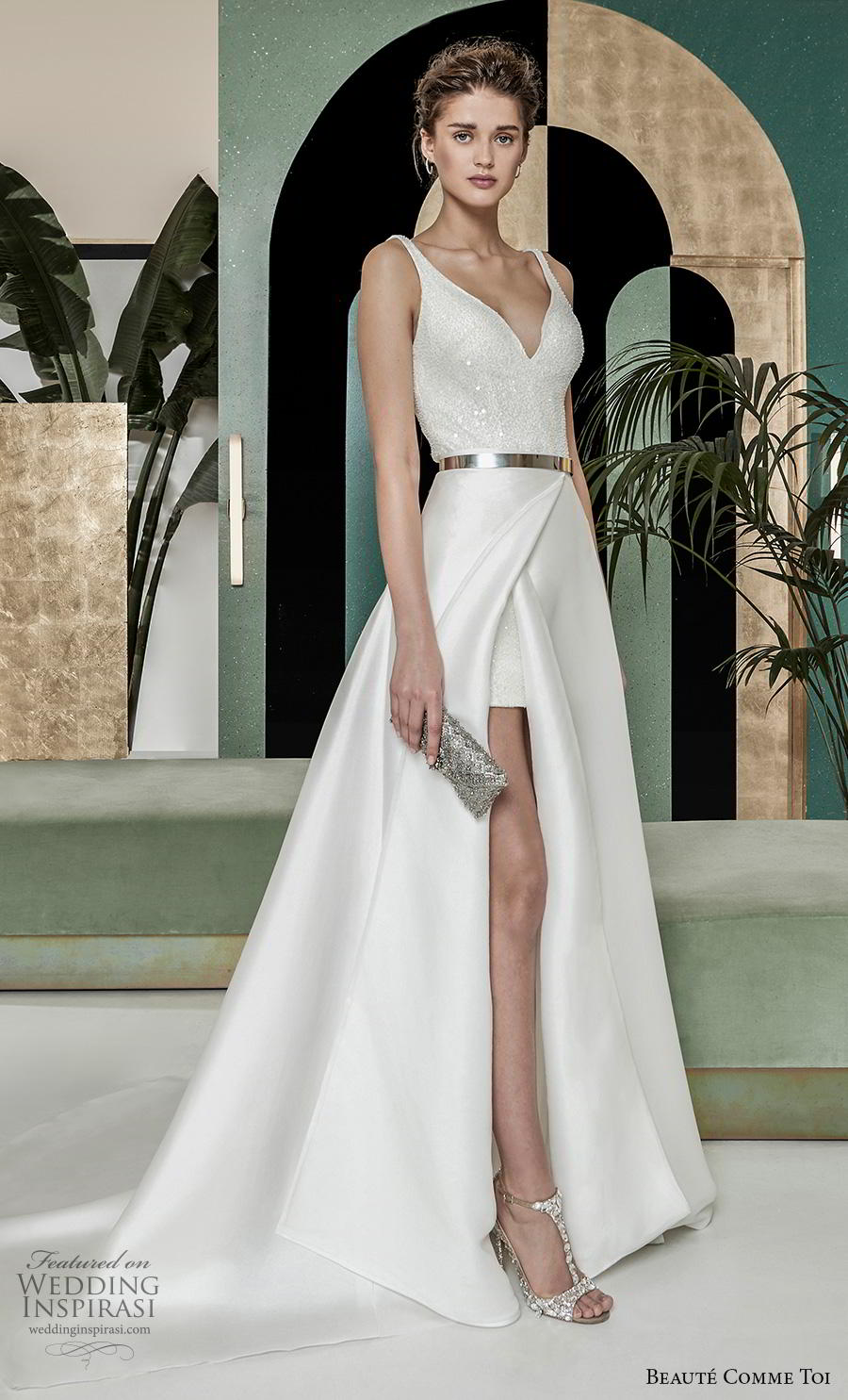 beaute comme toi 2019 bridal sleeveless with strap v neck simple lightly embellished bodice slit skirt elegant classy a  line wedding dress v back chapel train (ombeline) mv 