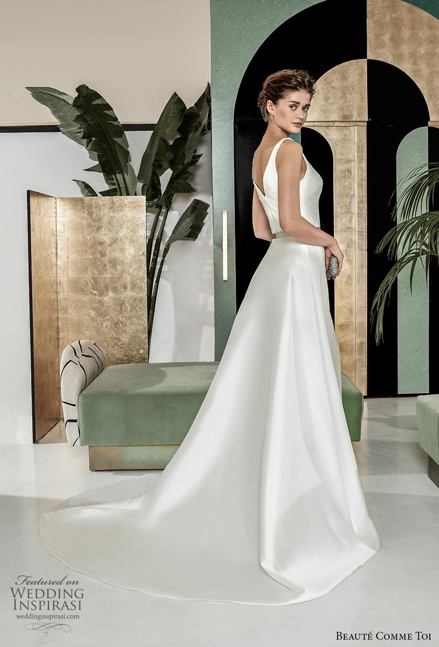 beaute comme toi 2019 bridal sleeveless with strap v neck simple minimalist elegant classy a  line wedding dress v back chapel train (ombeline) bv 