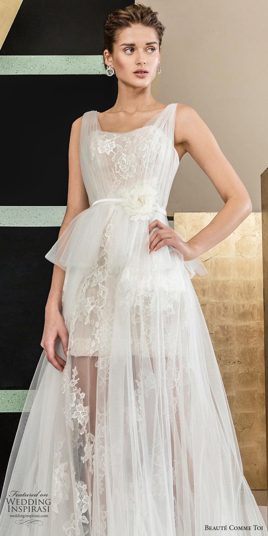 beaute comme toi 2019 bridal sleeveless with tulle strap semi sweetheart neckline full embellishment short wedding dress a  line overskirt backless chapel train (emeline) lv