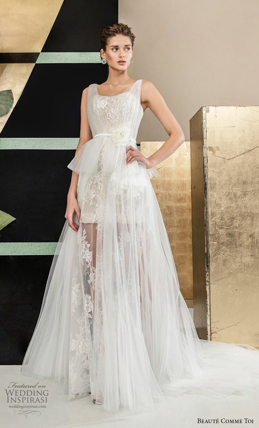 beaute comme toi 2019 bridal sleeveless with tulle strap semi sweetheart neckline full embellishment short wedding dress a  line overskirt backless chapel train (emeline) mv