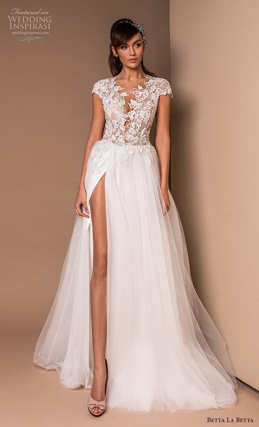 betta la betta 2020 bridal cap sleeves v neck heavily embellished bodice slit tulle skirt romantic soft a  line wedding dress sheer button back chapel train (6) mv