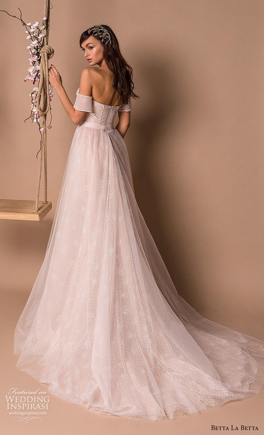 betta la betta 2020 bridal off the shoulders sweetheart neckline full embellishment bustier romantic blush a  line wedding dress mid back chapel train (3) bv