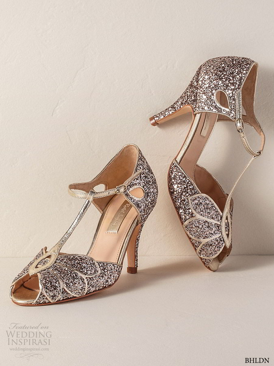 bhldn spring 2019 bridal accessories embellished metallic wedding shoes rachel simpson mimosa heels high heel peep toe
