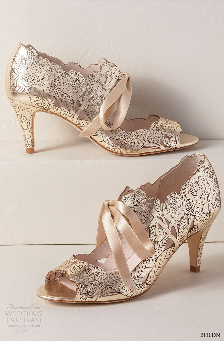 bhldn spring 2019 bridal accessories gold wedding shoes harriet wilde peony heels high peep toe heel pumps