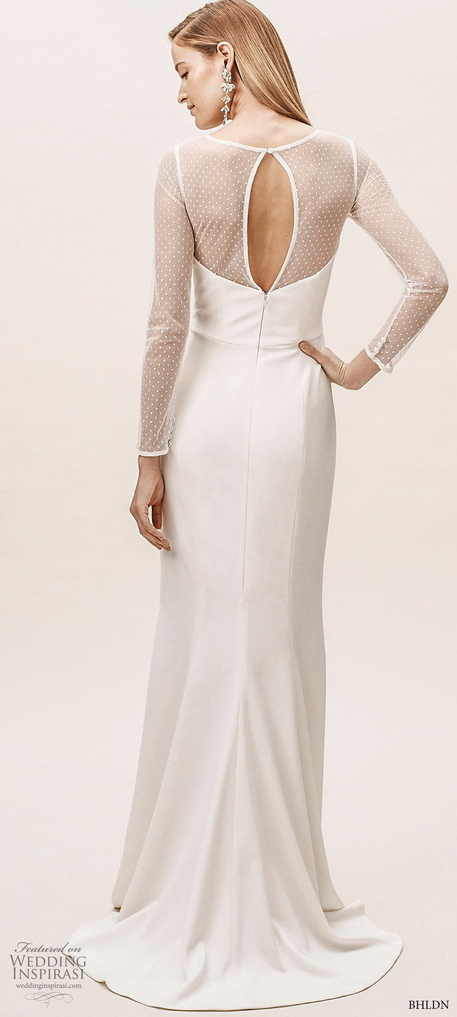 bhldn spring 2019 bridal illusion long sleeves sheer jewel neckline straight across sheath wedding dress (2) elegant clean minimal sweep train keyhole back bv