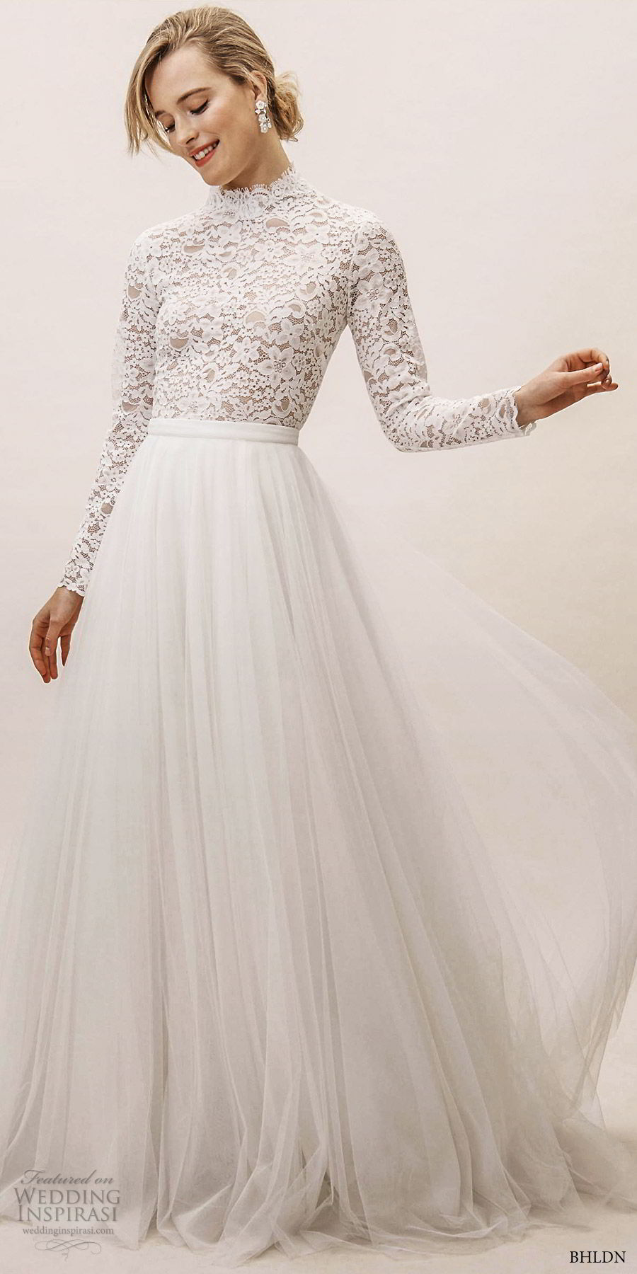 bhldn spring 2019 bridal long sleeve high neck lace top a line ball gown skirt 2 piece wedding dress (13) elegant romantic modest mv