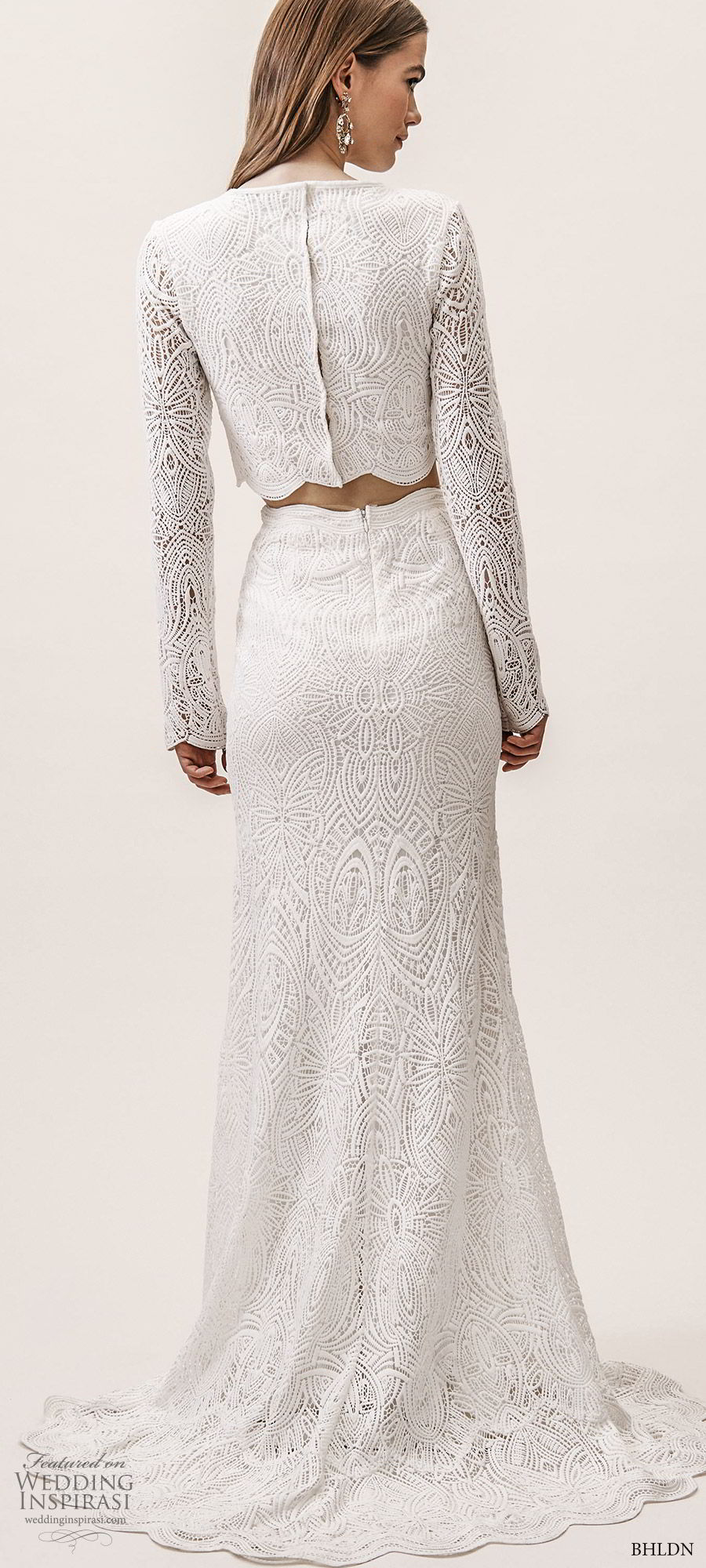 bhldn spring 2019 bridal long sleeves jewel neck crop top fully embellished sheath trumpet skirt 2 piece wedding dress (7) modern elegant sweep train bv