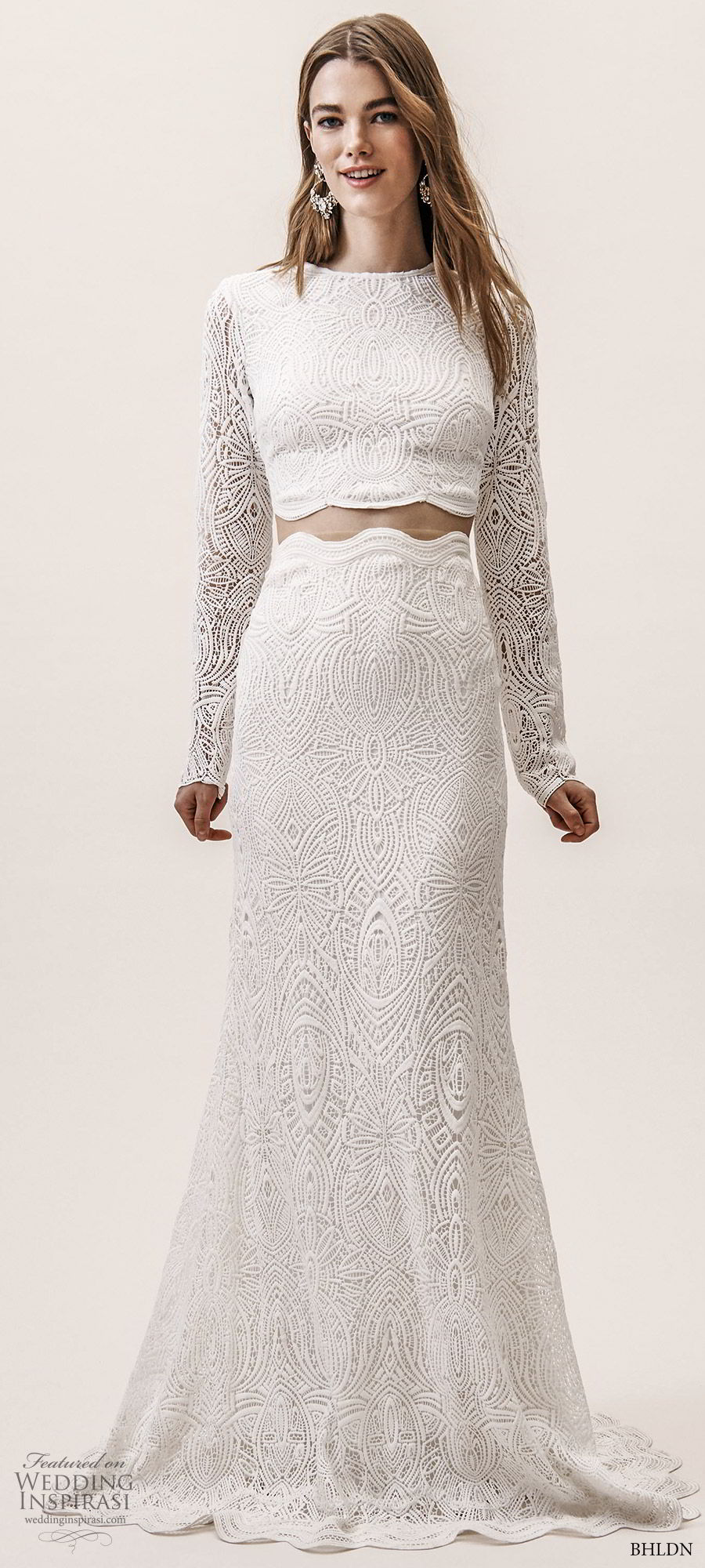 bhldn spring 2019 bridal long sleeves jewel neck crop top fully embellished sheath trumpet skirt 2 piece wedding dress (7) modern elegant sweep train mv