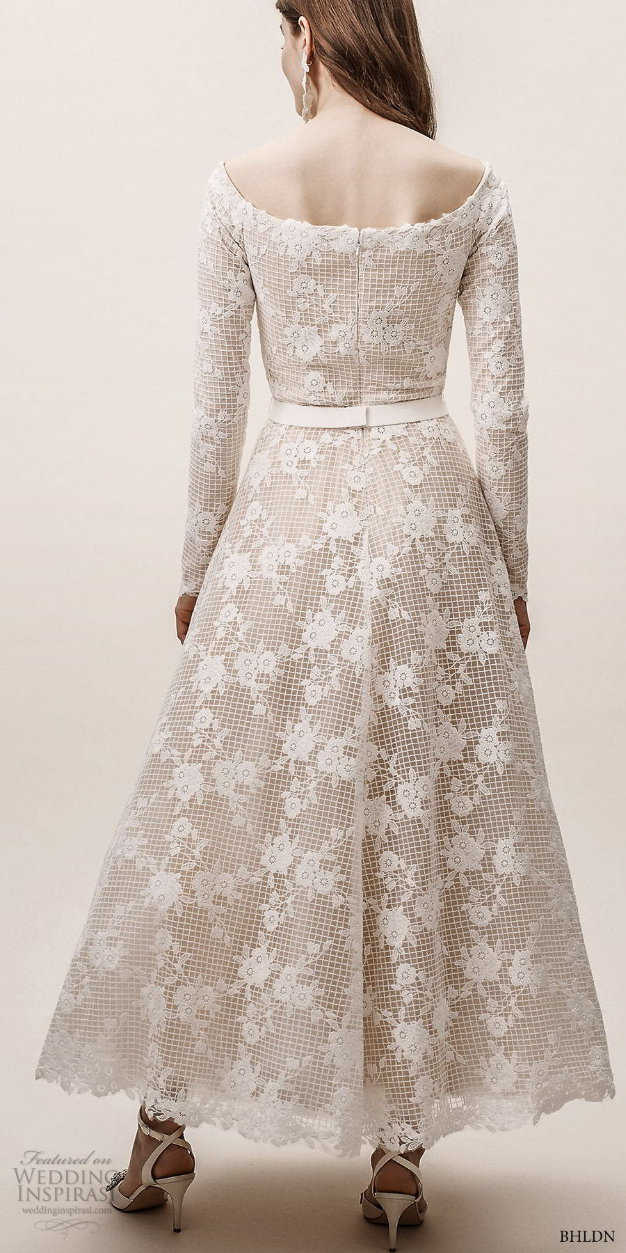 bhldn spring 2019 bridal long sleeves off shoulder fully embellished lace tea length midi short wedding dress (9) vintage elegant bv