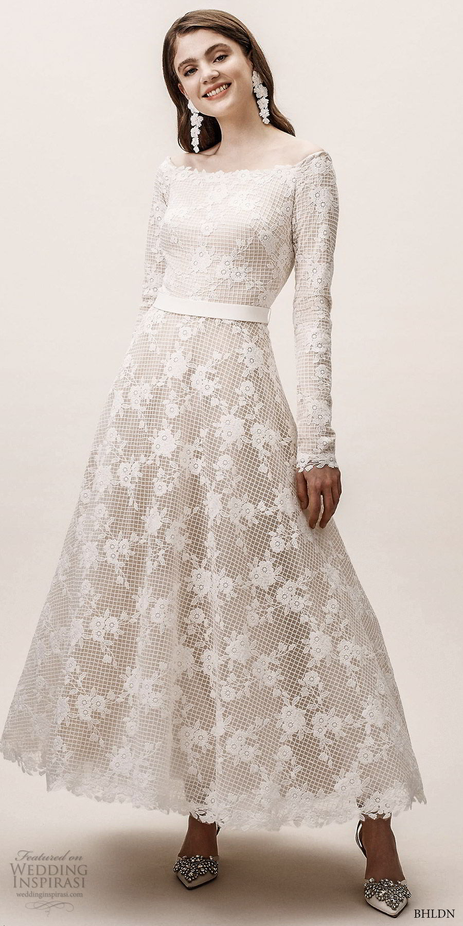 bhldn spring 2019 bridal long sleeves off shoulder fully embellished lace tea length midi short wedding dress (9) vintage elegant mv