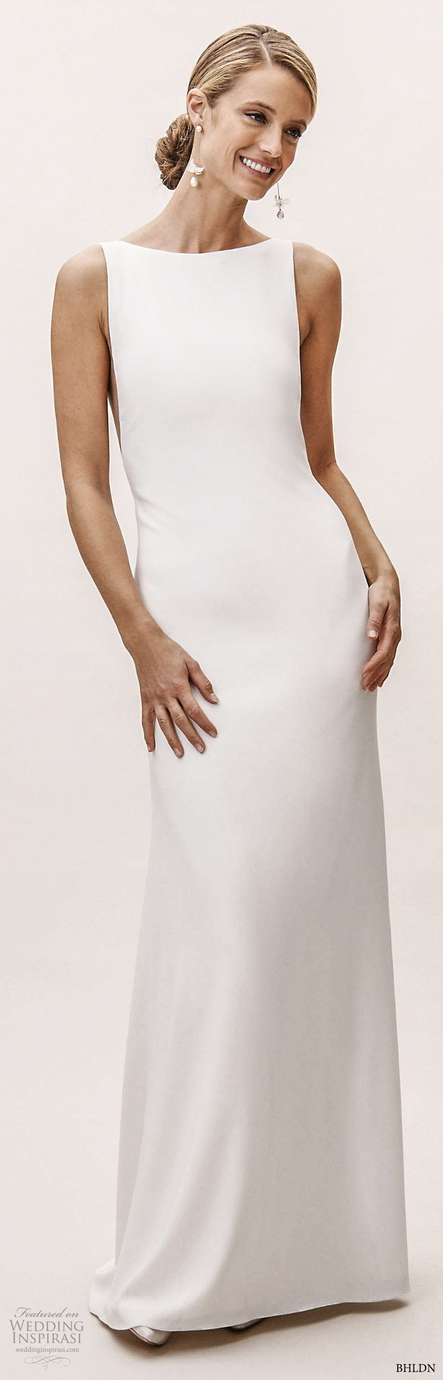 bhldn spring 2019 bridal sleeveless beateau neck clean sheath wedding dress (8) sheer side cutout minimal modern elegant chapel train mv