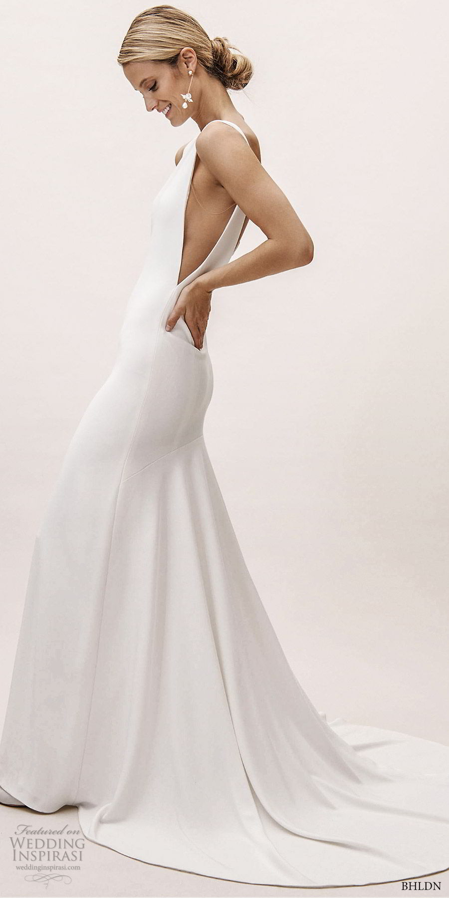 bhldn spring 2019 bridal sleeveless beateau neck clean sheath wedding dress (8) sheer side cutout minimal modern elegant chapel train sv