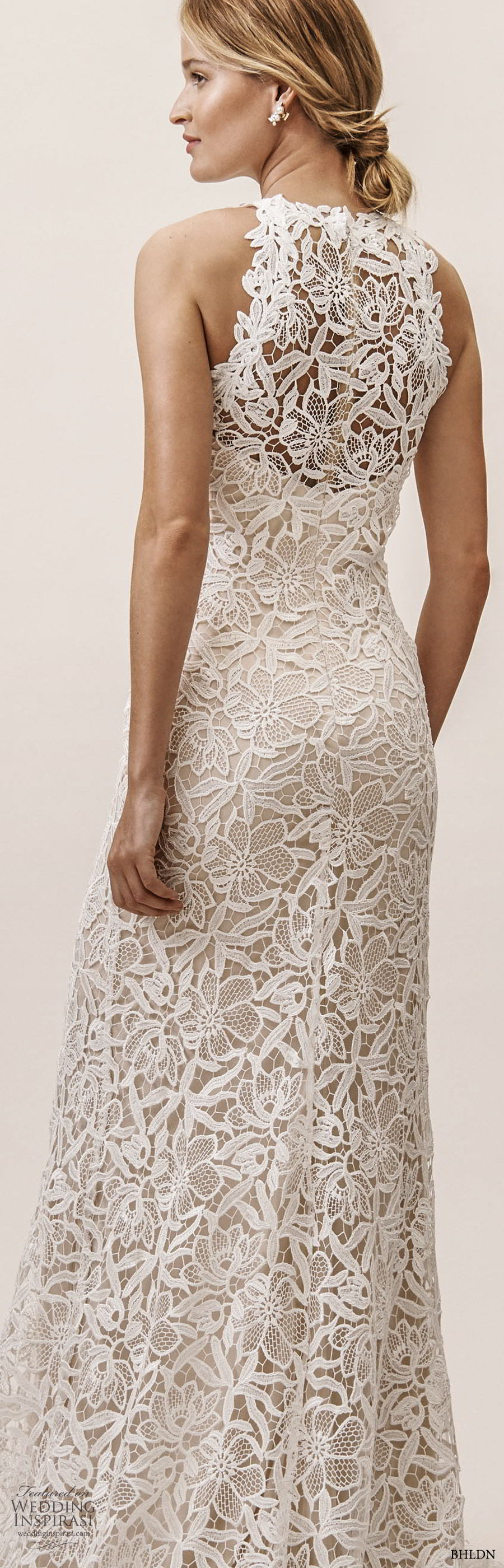 bhldn spring 2019 bridal sleeveless high halter neck fully embellished lace sheath trumpet mermaid wedding dress (15) romantic boho chic sweep train bv