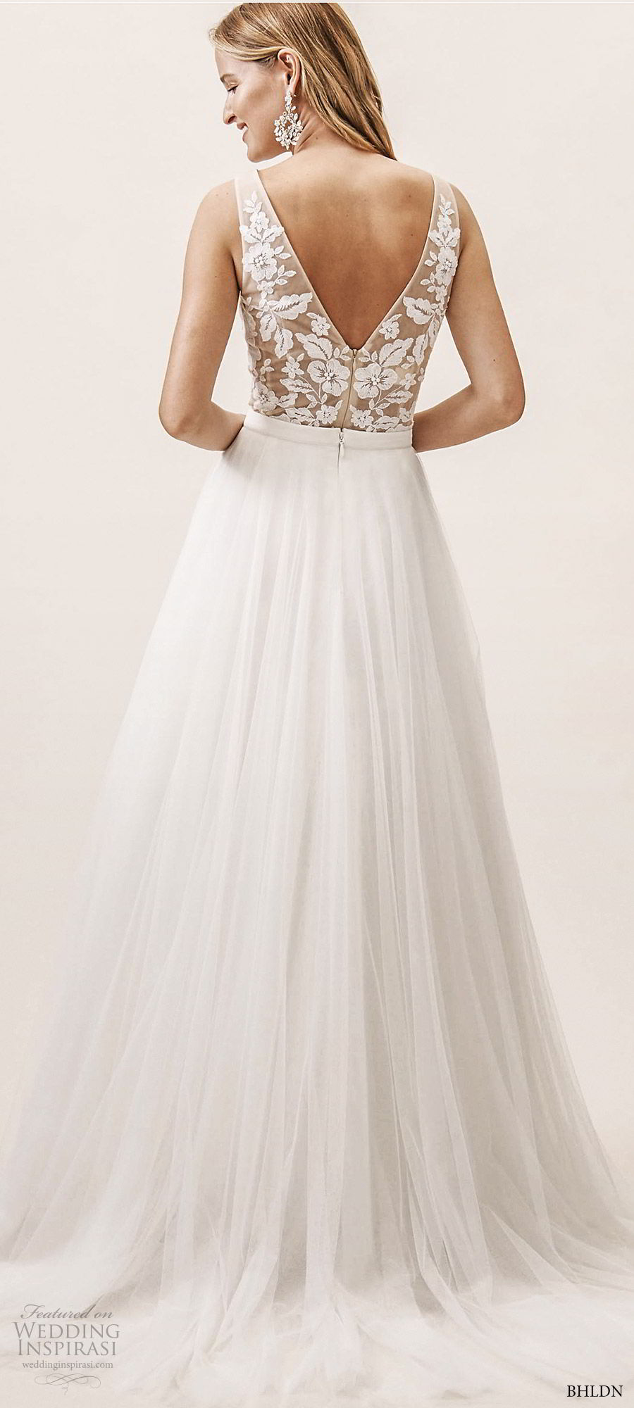 bhldn spring 2019 bridal sleeveless illusion deep v neck sheer lace top a line ball gown skirt 2 piece wedding dress (11) modern romantic bv