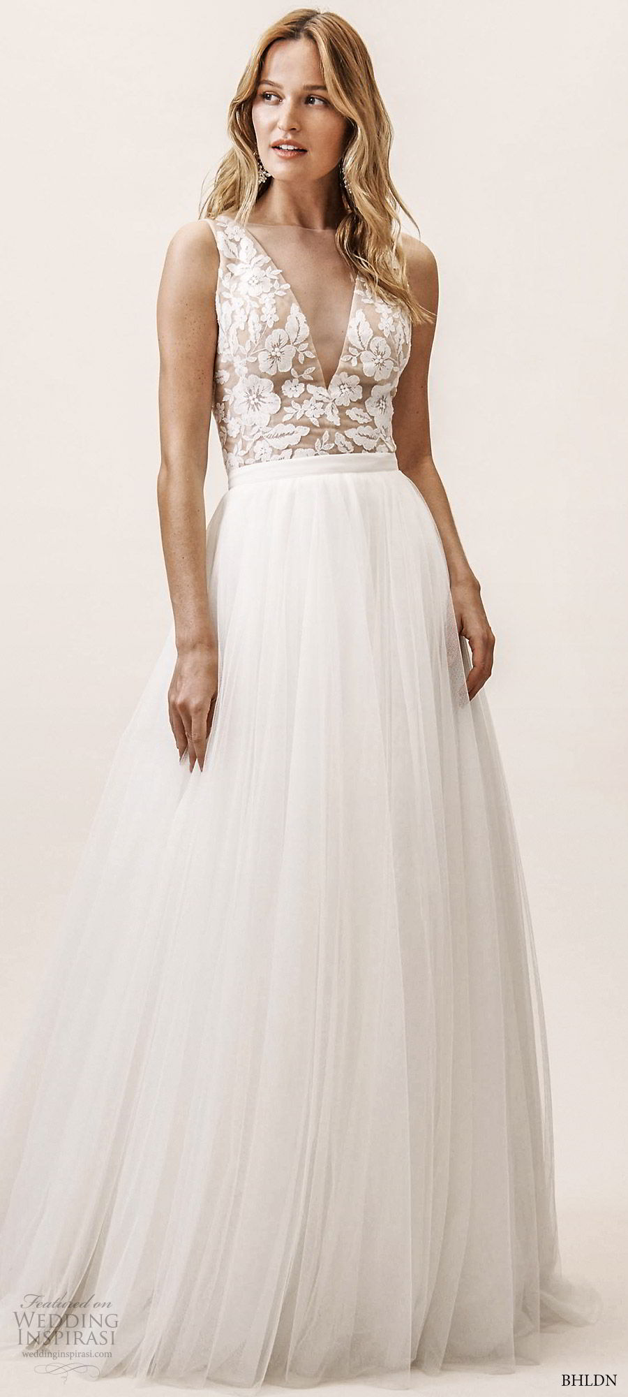 bhldn spring 2019 bridal sleeveless illusion deep v neck sheer lace top a line ball gown skirt 2 piece wedding dress (11) modern romantic mv