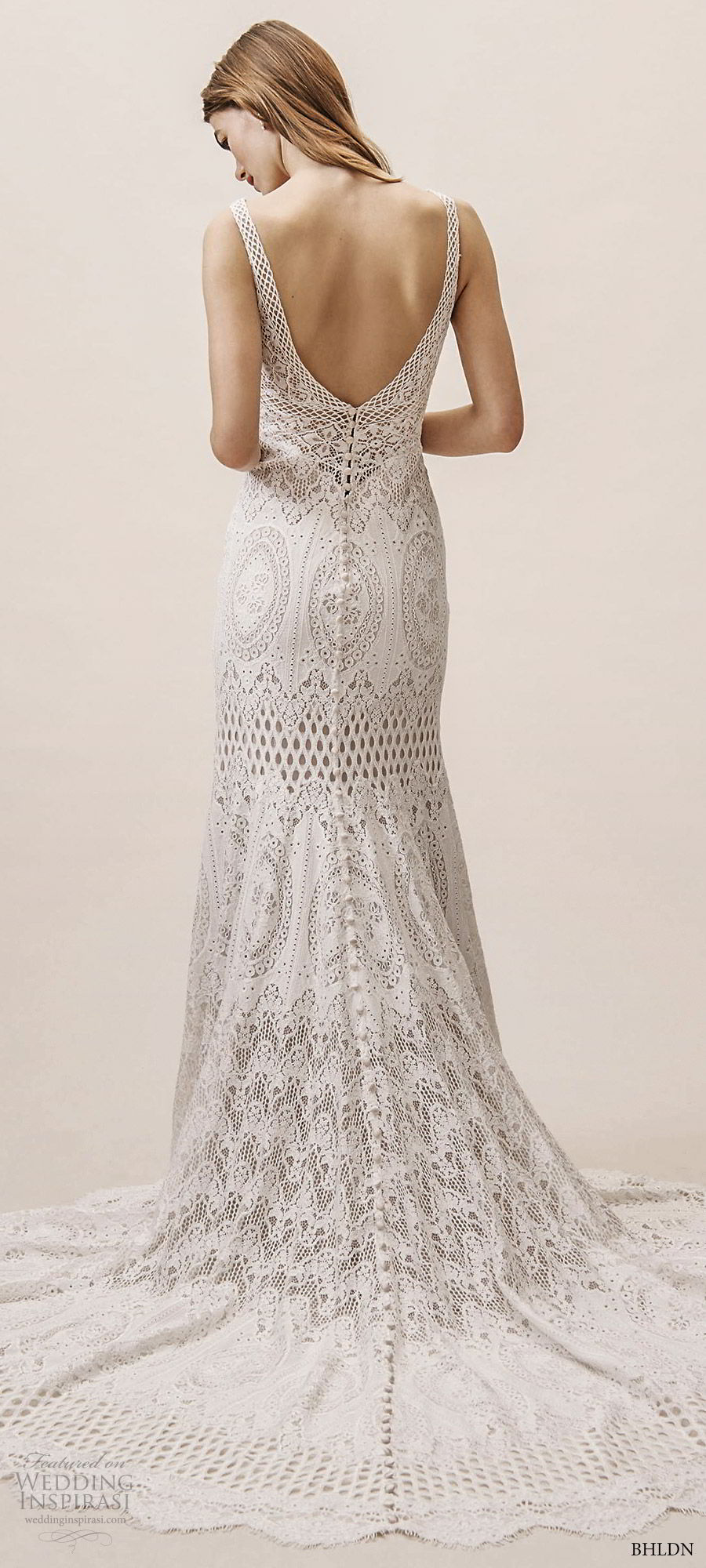 bhldn spring 2019 bridal sleeveless thick straps v neck fully embellished lace crochet trumpet fit flare mermaid wedding dress (14) vintage boho chapel train bv