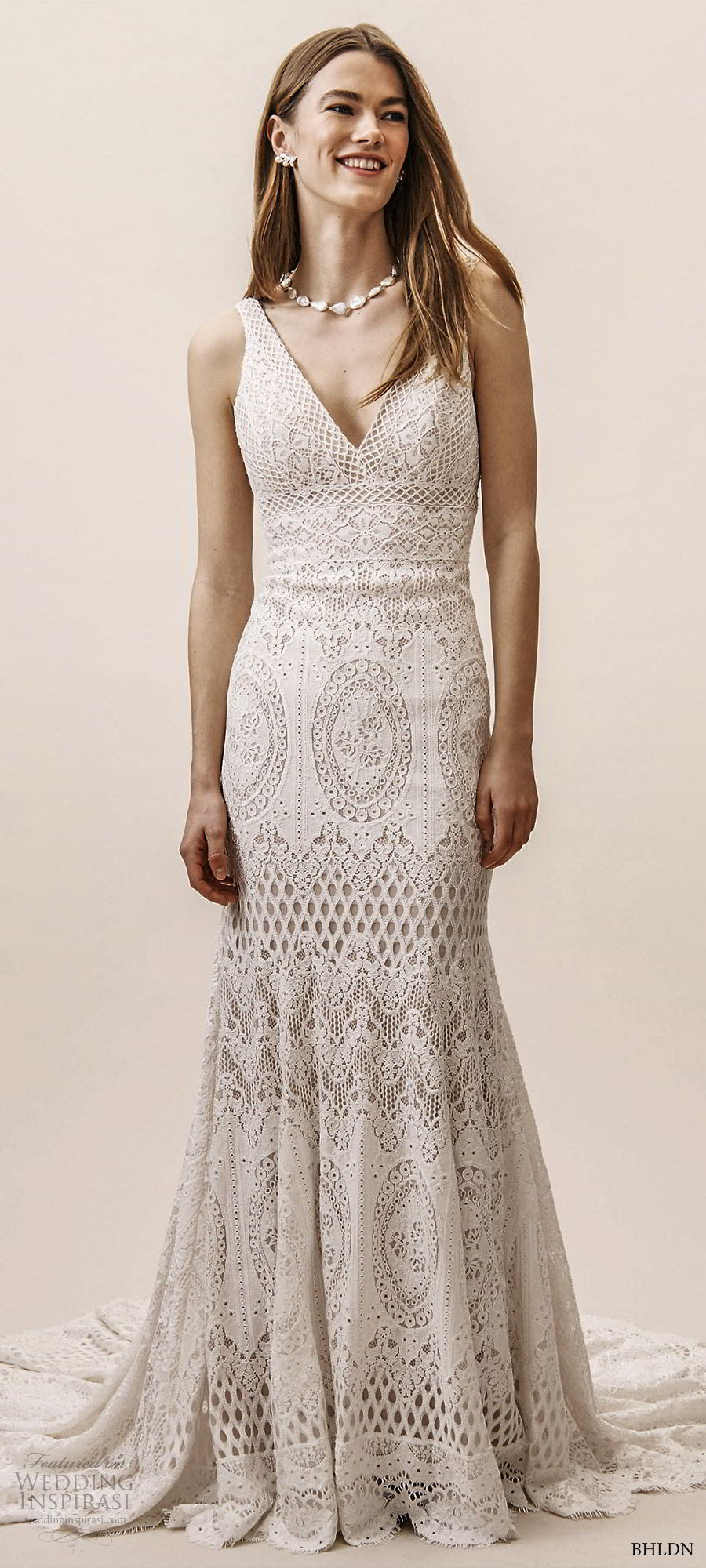 bhldn spring 2019 bridal sleeveless thick straps v neck fully embellished lace crochet trumpet fit flare mermaid wedding dress (14) vintage boho chapel train mv