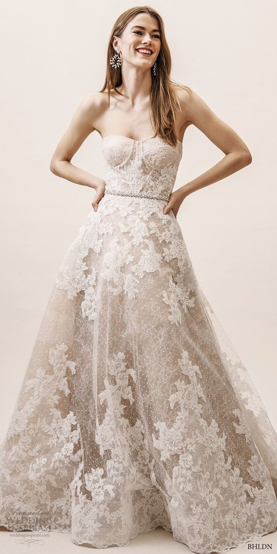 bhldn spring 2019 bridal strapless semi sweetheart fully embellished lace a line ball gown wedding dress (5) elegant romantic chapel train mv