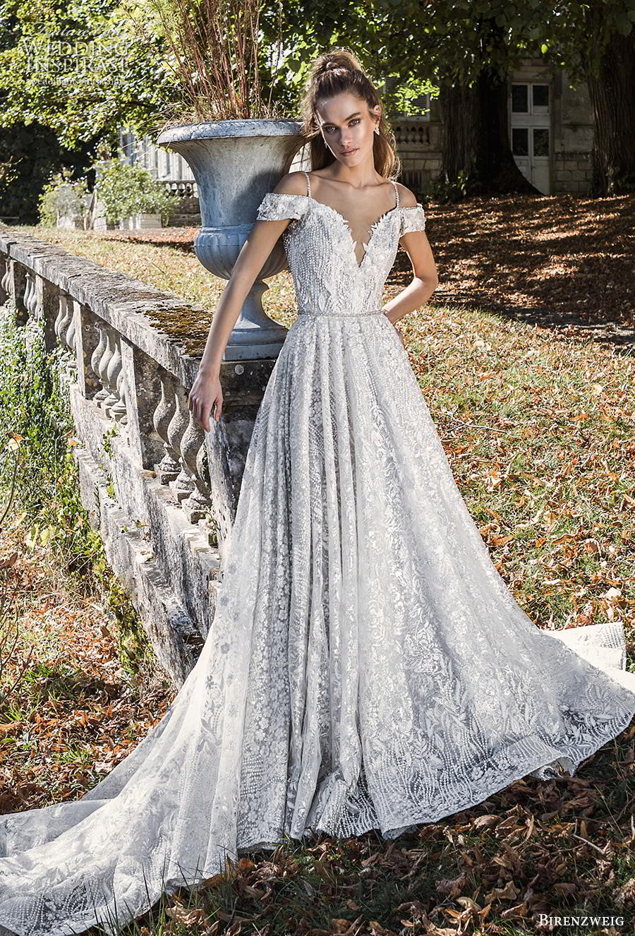 birenzweig fall 2019 bridal cold shoulder deep deep sweetheart neckline full embellishment romantic a  line wedding dress backless v back chapel train (13) mv