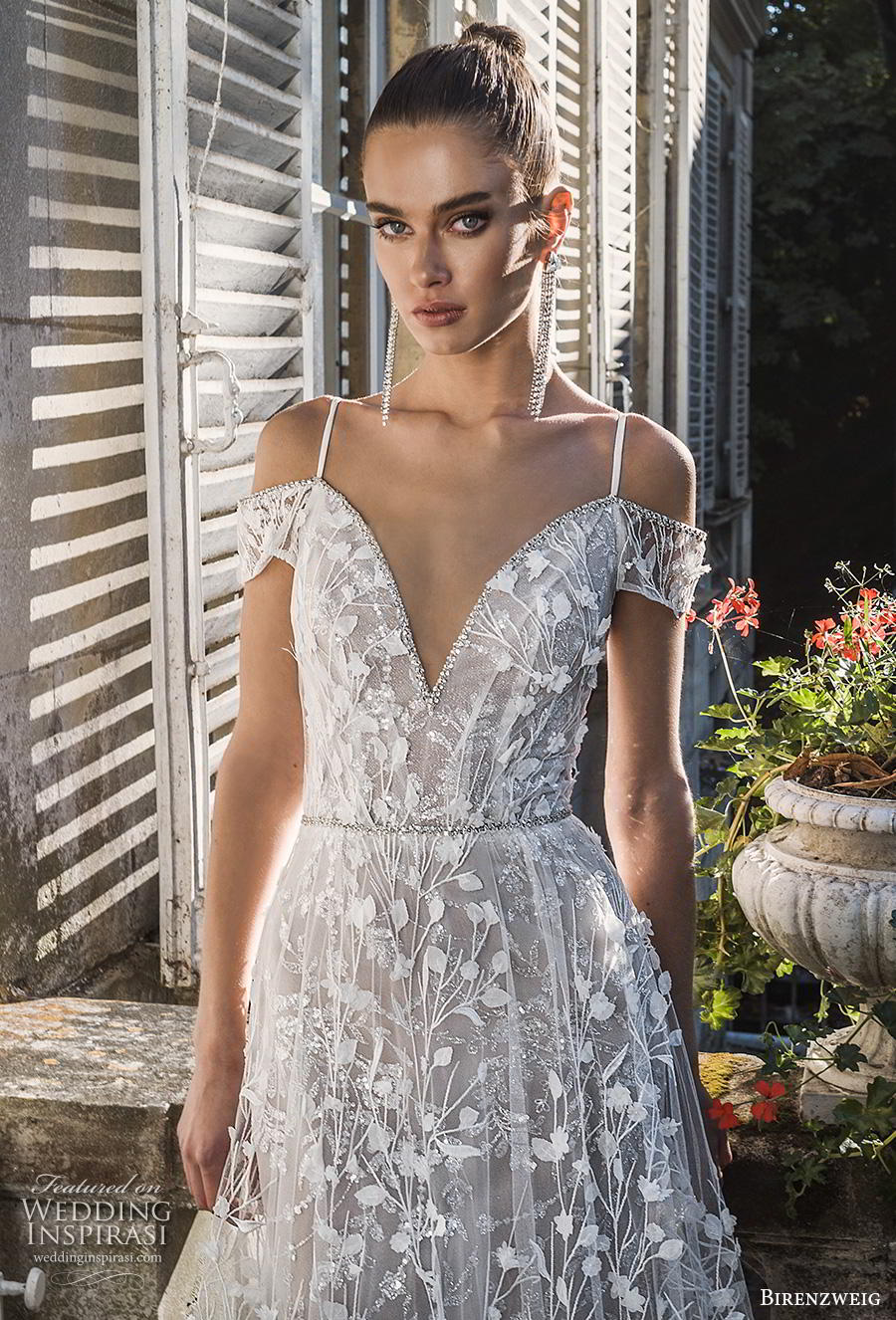 birenzweig fall 2019 bridal cold shoulder v neck full embellishment romantic a  line wedding dress backless low v back chapel train (1) zv