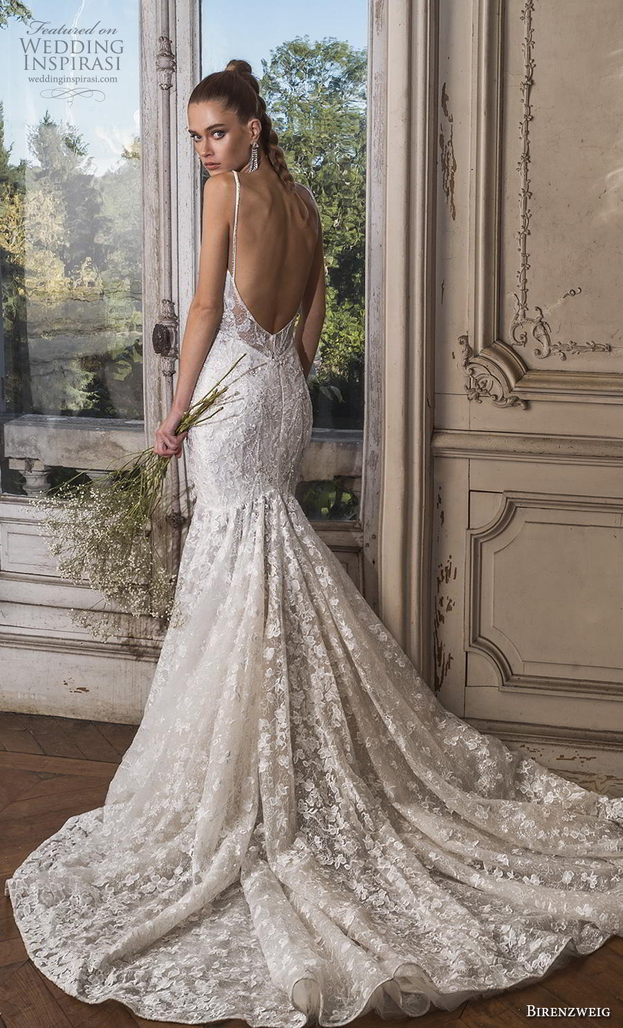 birenzweig fall 2019 bridal spaghetti strap deep plunging sweetheart neckline full embellishment romantic sexy trumpet wedding dress backless low back chapel train (2) bv