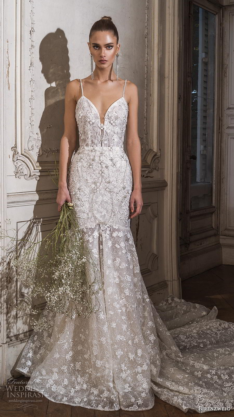 birenzweig fall 2019 bridal spaghetti strap deep plunging sweetheart neckline full romantic sexy embellishment trumpet wedding dress backless low back chapel train (2) mv