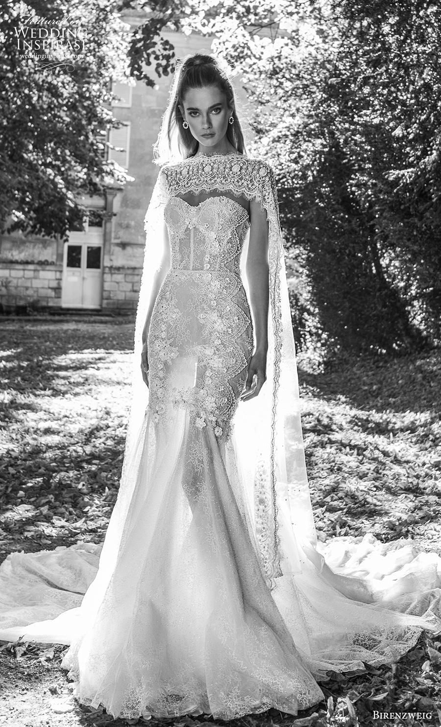 birenzweig fall 2019 bridal strapless sweetheart neckline full embellishment bustier elegant mermaid wedding dress with cape mid back chapel train (8) mv