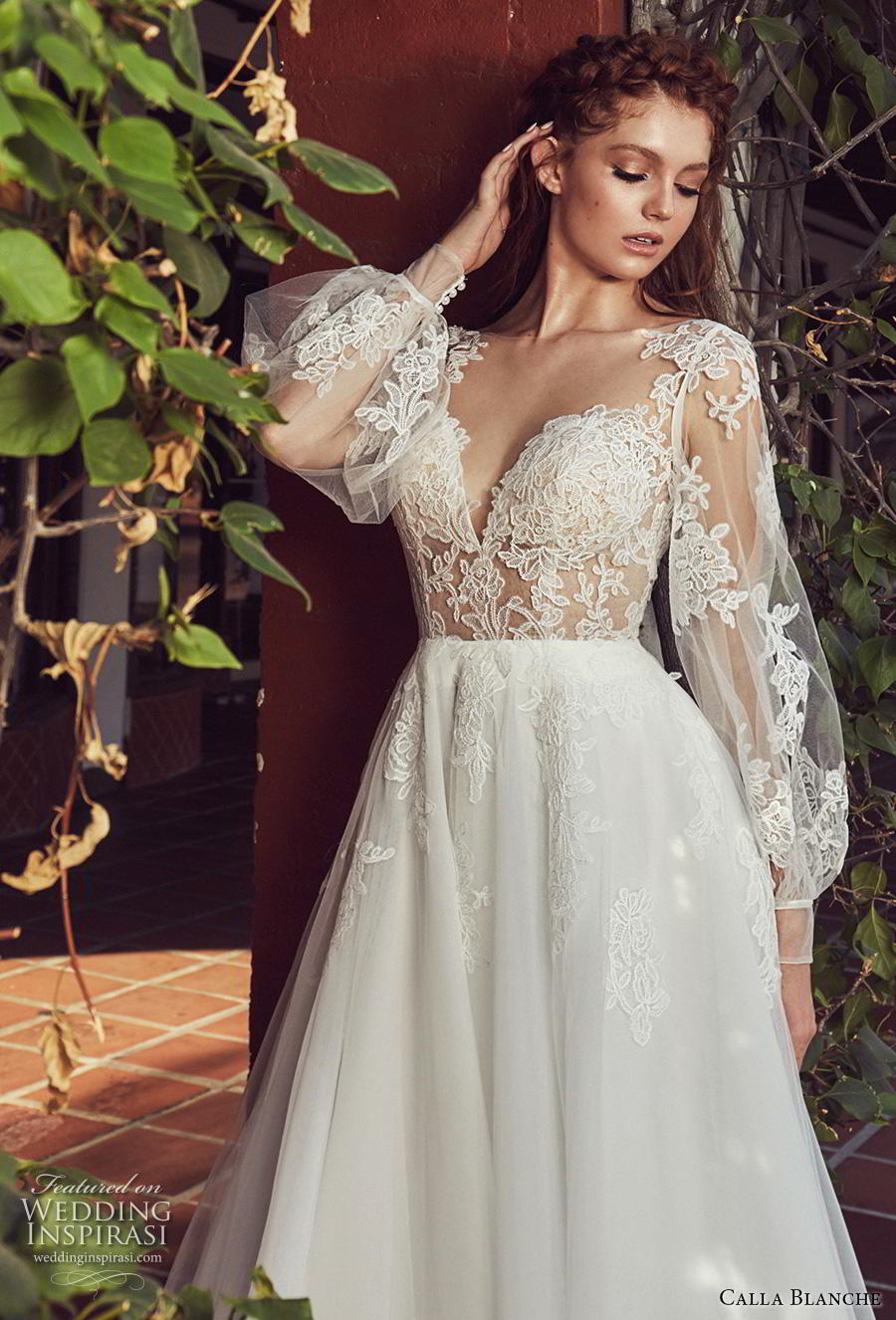 calla blanche s2019 lamour bridal long bishop sleeves sweetheart neckline heavily embellished bodice romantic a  line wedding dress open scoop back chapel train (9) zv