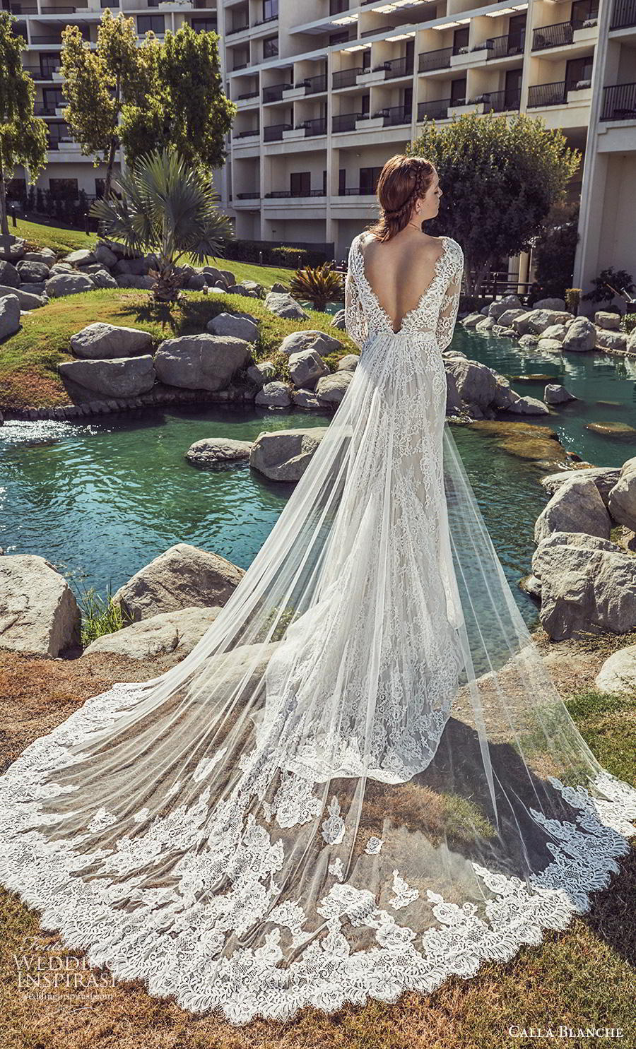 calla blanche s2019 lamour bridal long sleeves v neck full embellishment elegant fit and flare wedding dress backless low v back chapel train (15) bv