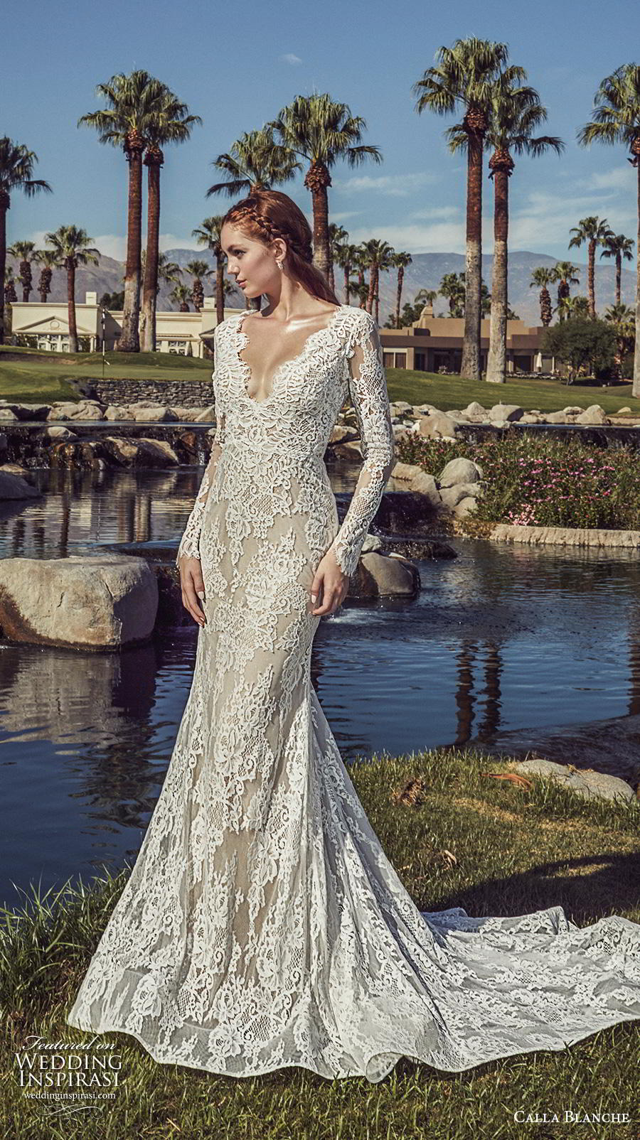 calla blanche s2019 lamour bridal long sleeves v neck full embellishment elegant fit and flare wedding dress backless low v back chapel train (15) mv