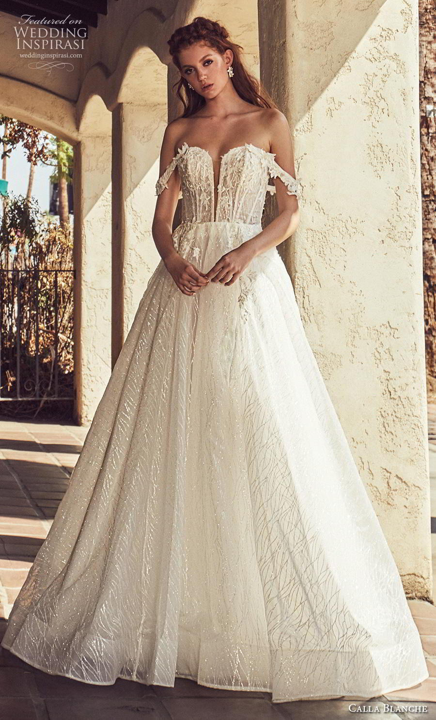 calla blanche s2019 lamour bridal off the shoulder deep plunging sweetheart neckline full embellishment romantic a  line wedding dress mid back chapel train (3) mv