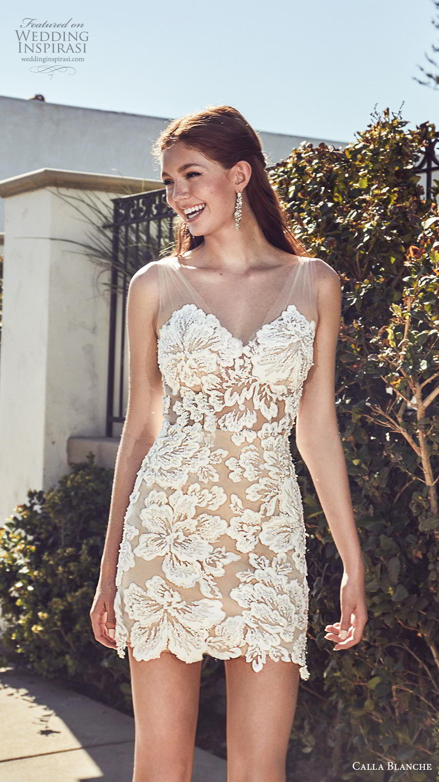 calla blanche s2019 lamour bridal sleeveless illusion v neck sweetheart neckline full embellishment romantic mini dress short wedding dress mid back (16) mv