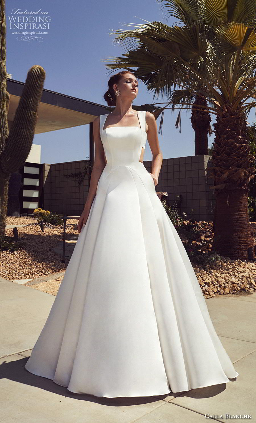 calla blanche s2019 lamour bridal sleeveless thick strap straight across neckline simple minimalist modern a  line wedding dress cross strap back chapel train (2) mv