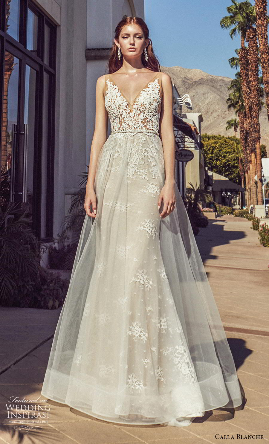 calla blanche s2019 lamour bridal sleeveless v neck heavily embellished bodice elegant romantic fit and flare wedding dress a  line overskirt backless scoop back chapel train (13) mv
