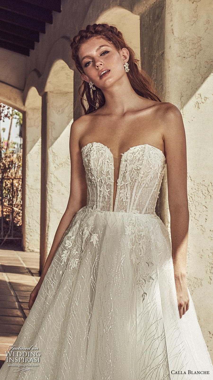 calla blanche s2019 lamour bridal strapless deep plunging sweetheart neckline full embellishment romantic a  line wedding dress mid back chapel train (3) mv