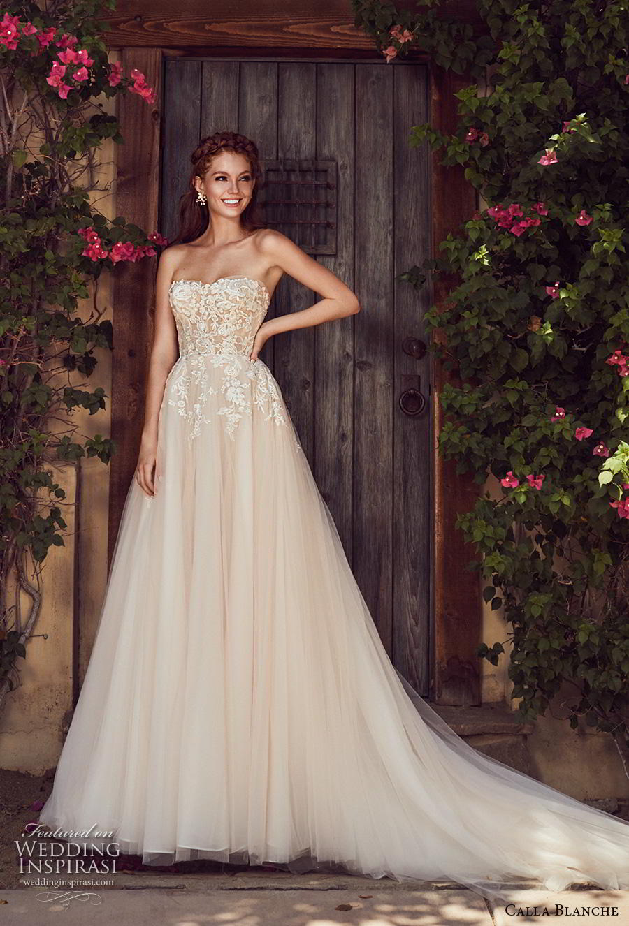 calla blanche s2019 lamour bridal strapless sweetheart neckline heavily embellished bodice romantic champagne color a  line wedding dress chapel train (6) mv