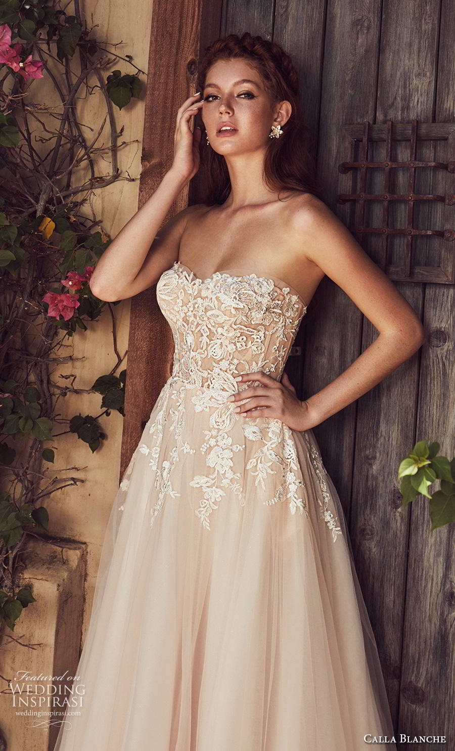 calla blanche s2019 lamour bridal strapless sweetheart neckline heavily embellished bodice romantic champagne color a  line wedding dress chapel train (6) zv