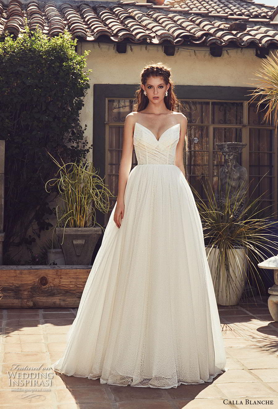 calla blanche s2019 lamour bridal strapless v neck ruched bodice simple romantic ball gown a  line wedding dress mid back chapel train (7) mv