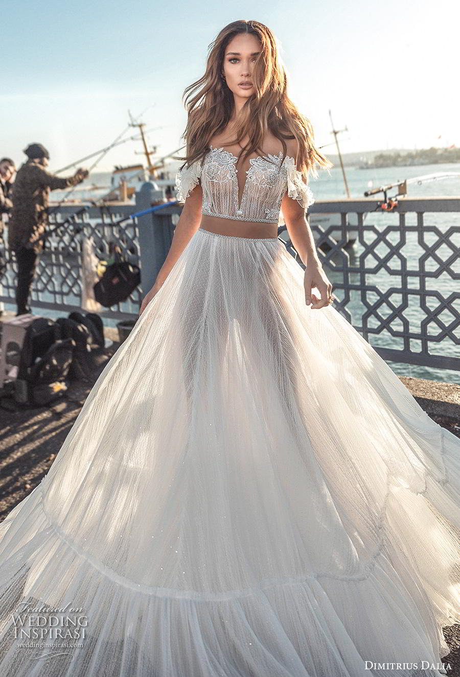 dimitrius dalia 2019 bridal off the shoulder deep sweetheart neckline heavily embellished bodice crop top romantic soft a  line wedding dress chapel train (1) mv