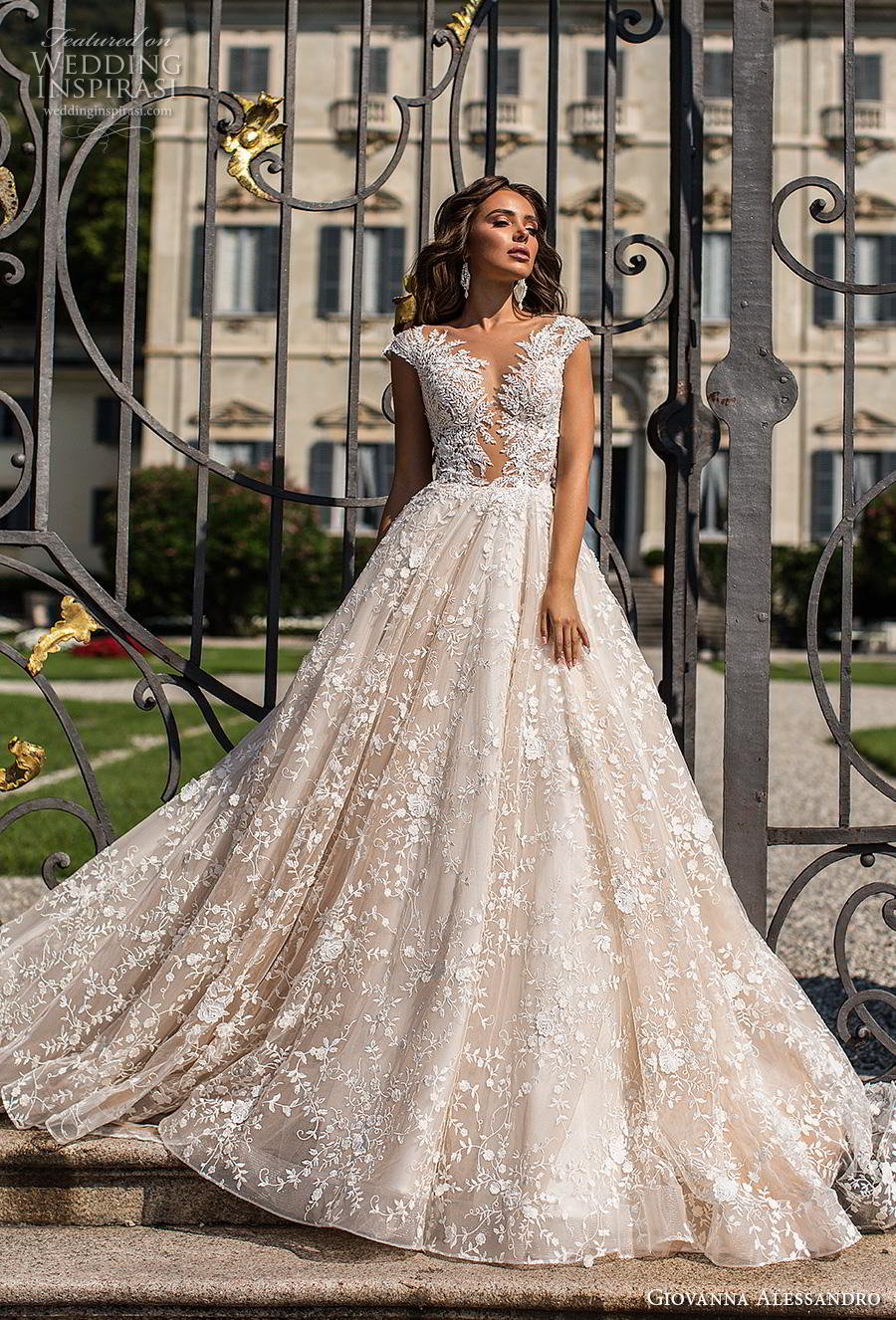 giovanna alessandro 2019 bridal cap sleeves deep plunging sweetheart neckline full embellishment princess a  line wedding dress sheer button back chapel train (4) mv