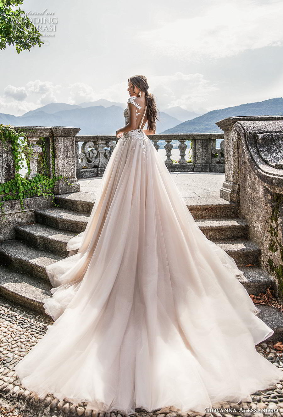 giovanna alessandro 2019 bridal cap sleeves v neck heavily embellished bodice romantic princess blush a  line wedding dress sheer button back royal train (11) bv