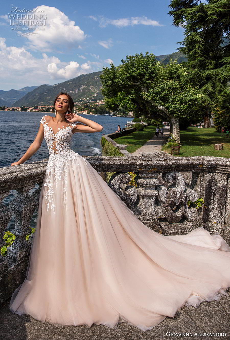 giovanna alessandro 2019 bridal cap sleeves v neck heavily embellished bodice romantic princess blush a  line wedding dress sheer button back royal train (11) mv