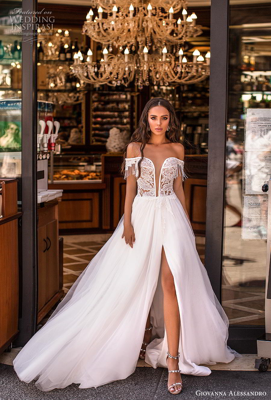 giovanna alessandro 2019 bridal off the shoulder deep plunging sweetheart neckline heavily embellished bodice slit skirt sexy soft a  line wedding dress chapel train (13) mv