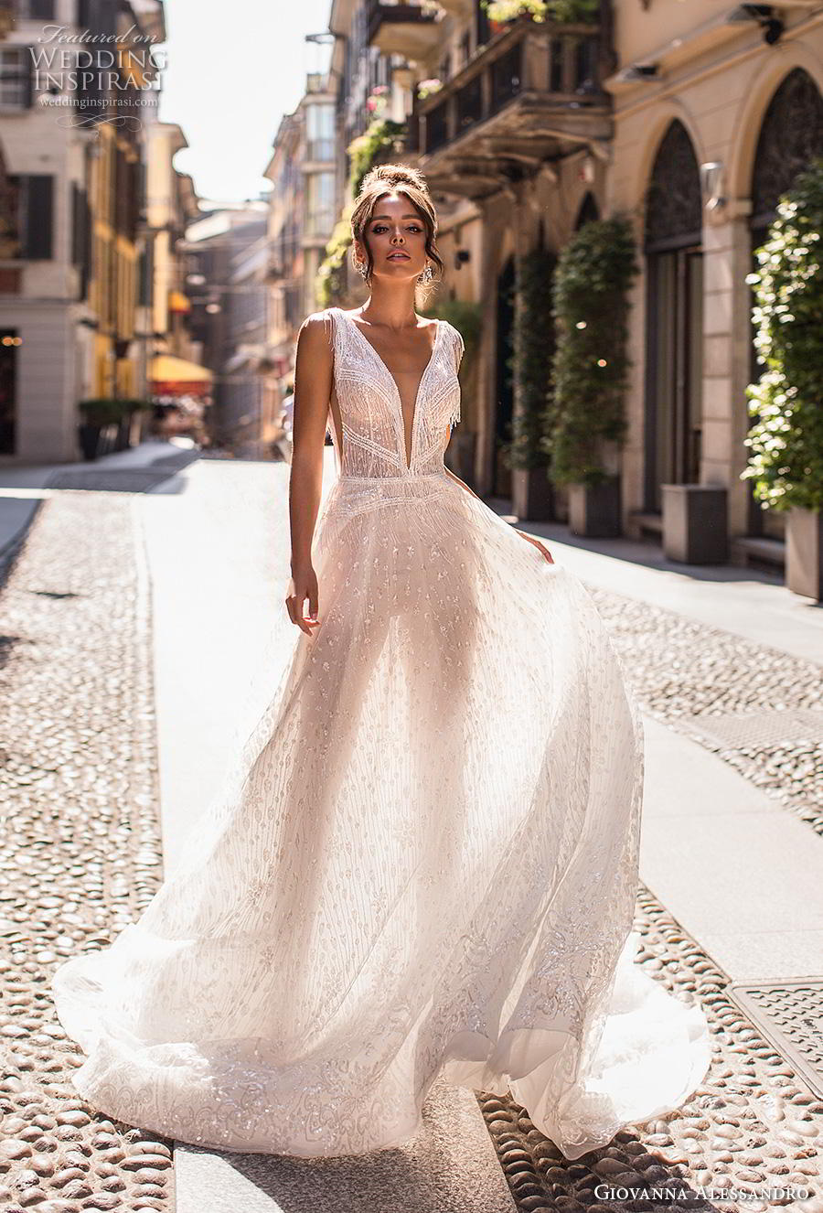 giovanna alessandro 2019 bridal sleeveless fringe strap deep v neck full embellishment open side romantic soft a  line wedding dress v back chapel train (8) mv