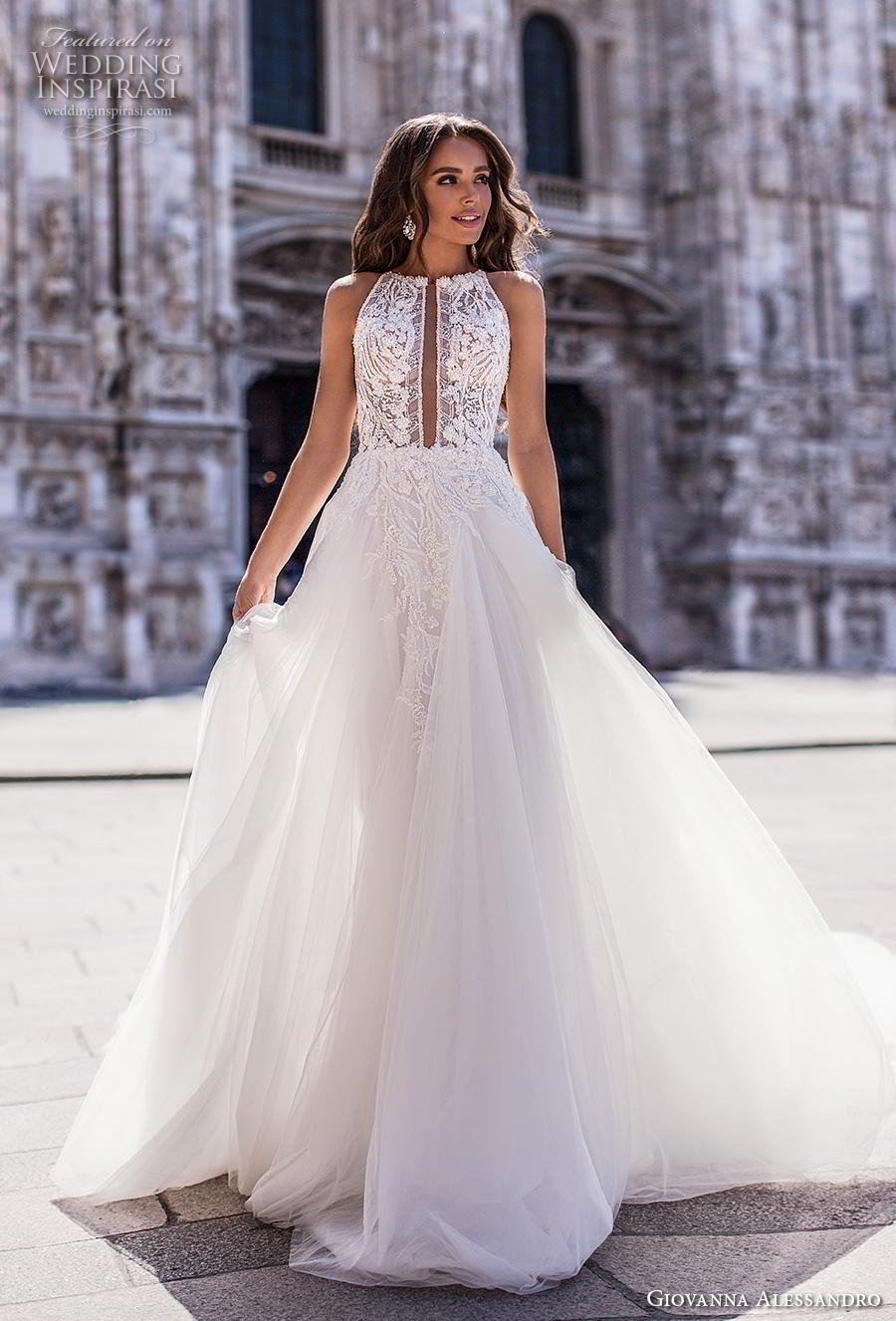 giovanna alessandro 2019 bridal sleeveless halter neck heavily embellished bodice tulle skirt romantic soft a  line wedding dress keyhole back chapel train (12) mv