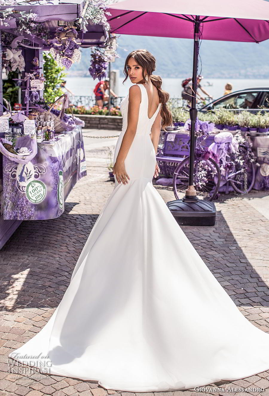 giovanna alessandro 2019 bridal sleeveless v neck wrap over heavily embellished bodice simple sheath wedding dress v back chapel train (2) bv