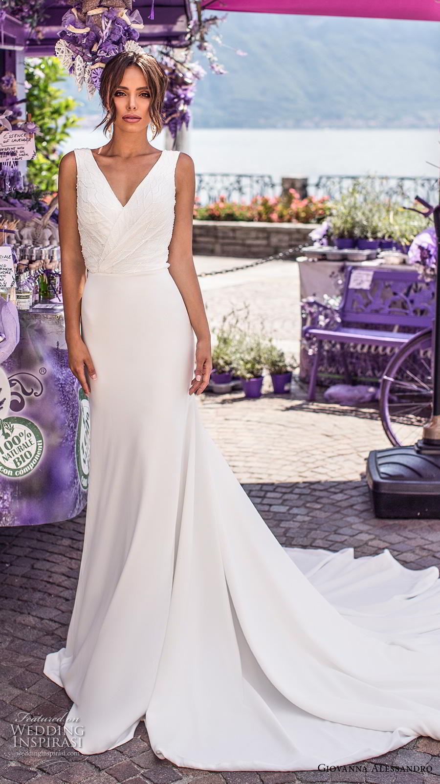 giovanna alessandro 2019 bridal sleeveless v neck wrap over heavily embellished bodice simple sheath wedding dress v back chapel train (2) mv