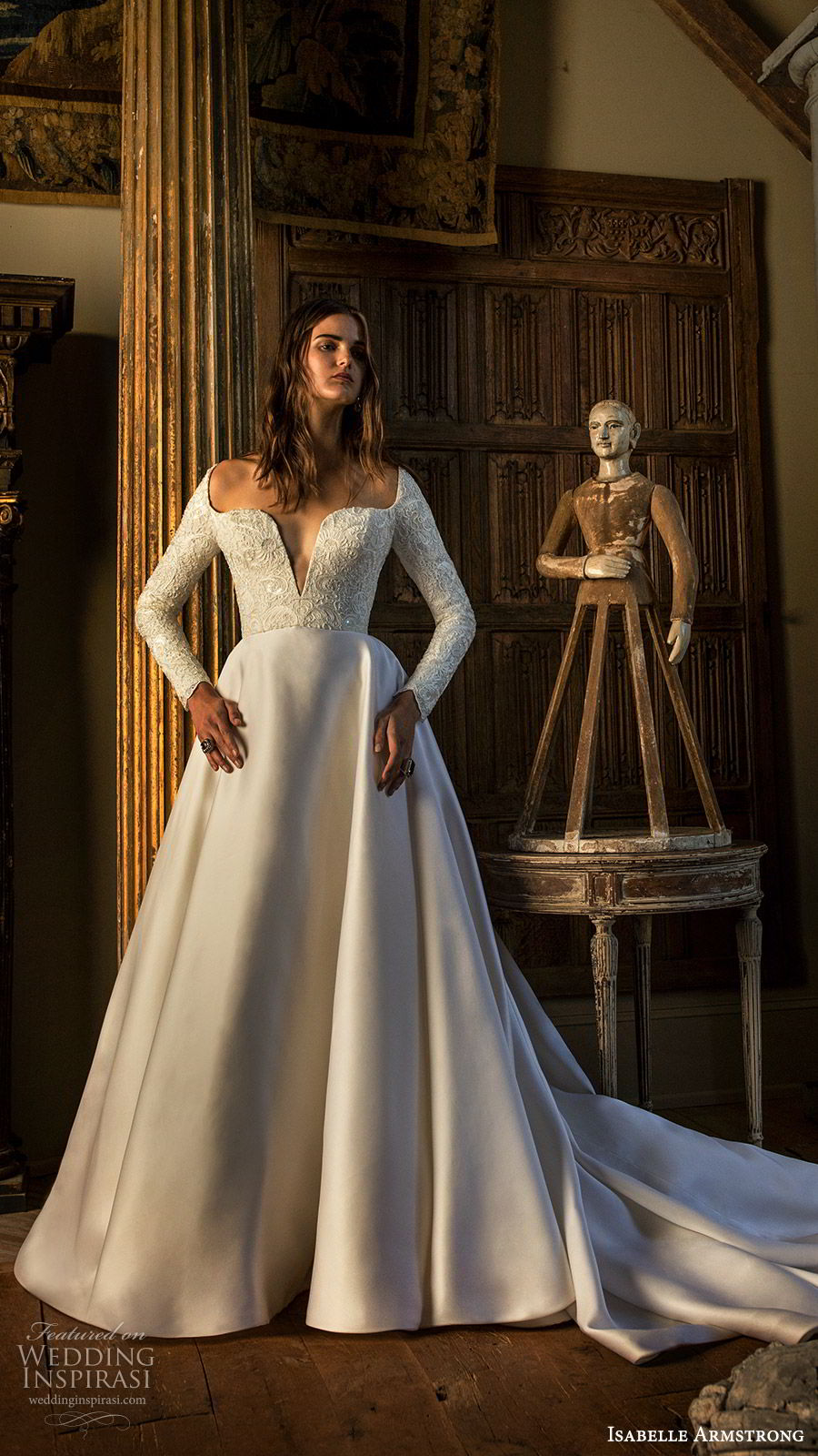 isabelle armstrong fall 2019 bridal long sleeves split square neckline embellished bodice a line ball gown wedding dress (2) romantic modern mv 