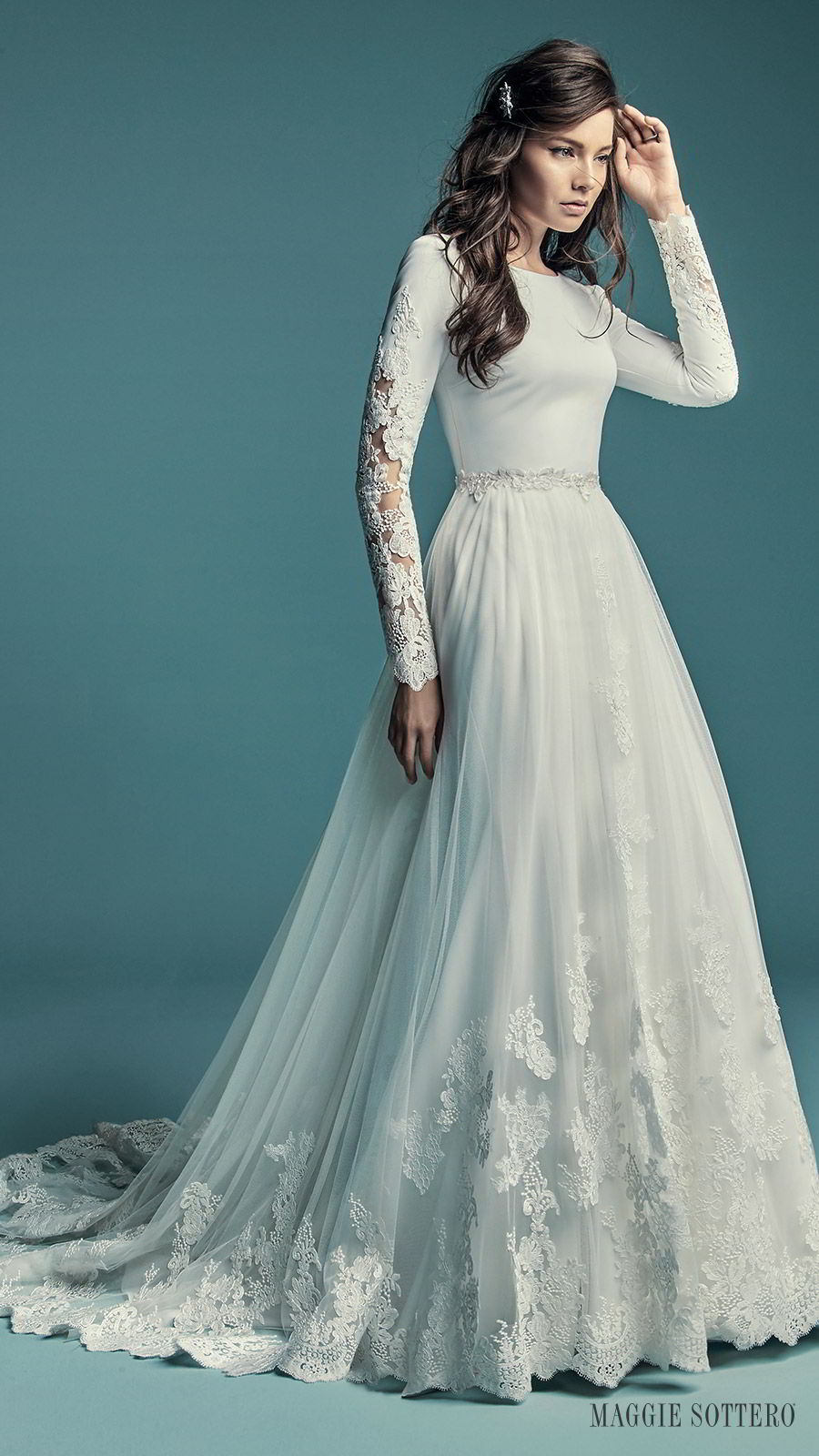 maggie sottero fall 2018 bridal embellished long sleeves bateau neckline sheath trumpet simple wedding dress (olyssia) ball gown overskirt clean minimalist chapel train mv